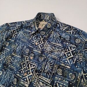 Scully‎ Men Hawaiian Shirt Medium Blue Tribal Aloha Short Sleeve Cotton